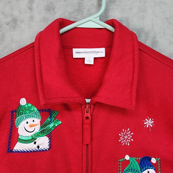 Vintage Breckenridge Sweatshirt Women’s LARGE | Red Fleece Zip Jacket | Snowmen - Picture 3 of 13
